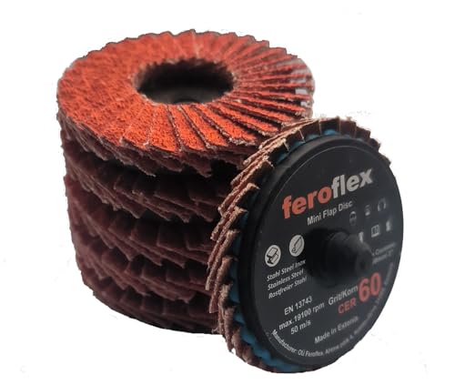 10stk.Set Feroflex Mini Fächerscheiben Profi-Qualität 2,50 mm, Körn 60, Premium Keramik für Metall, Edelstahl, Rost, Stahl Lamellenscheiben Schleifscheibe (Korn 60, 10)+Disc Pad Halter 6mm