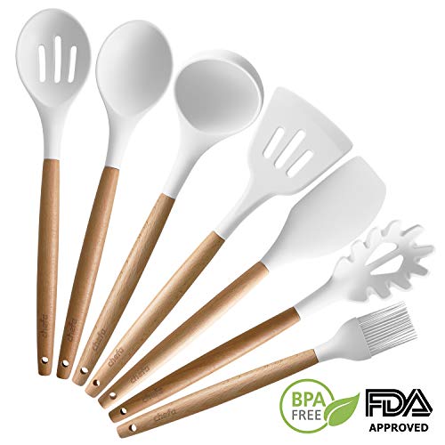 Silicone Cooking Utensils | Wooden Handle, Non-Stick Cookware Heat Resistant Kitchen Utensil Spatula, Slotted & Solid Spoon, Soup Ladle, Slotted Turner and Spaghetti Server - White - Thumbnail 4