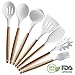 Silicone Cooking Utensils | Wooden Handle, Non-Stick Cookware Heat Resistant Kitchen Utensil Spatula, Slotted & Solid Spoon, Soup Ladle, Slotted Turner and Spaghetti Server - White