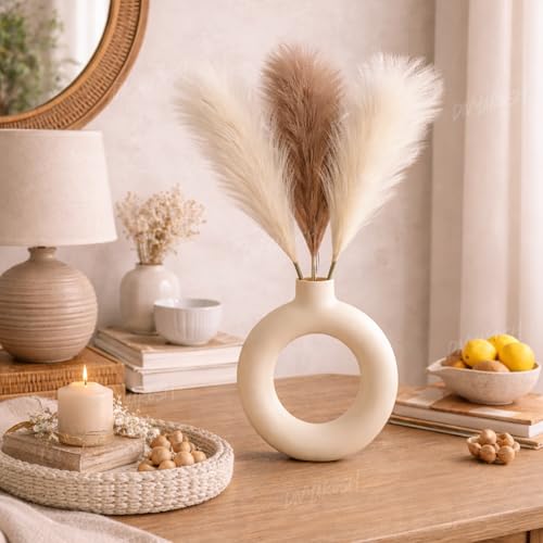 Image of Divyakosh Artificial Pampas Grass 3 Pcs (2 White + 1 Brown) Faux Dried Flowers Small Flower Stems for Home Decor, Living Room, Bedroom, Table Vase Decoration Office Boho Decor (41 cm, No Vase)
