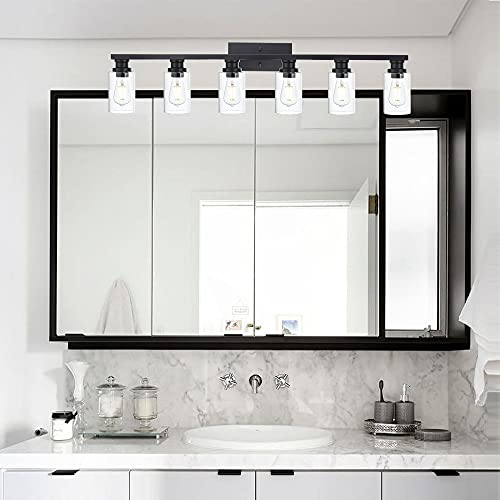 VINLUZ 6 Light Classic Bathroom Vanity Lighting Fixture,Matte Black Indoor Metal Wall Mount Light Over Mirror with Clear Glass Shade - Thumbnail 6
