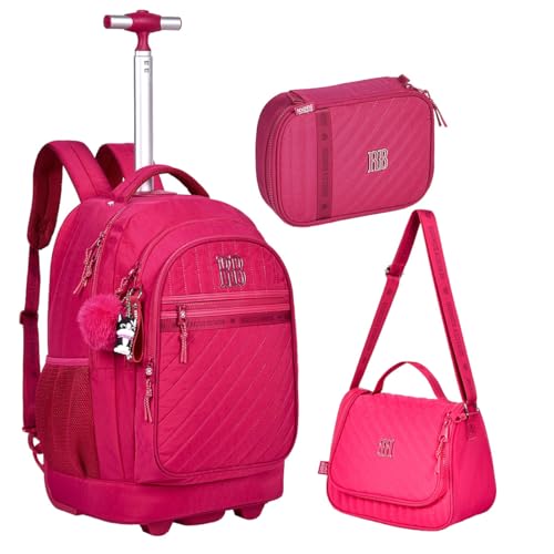 Kit Mochila Rodinha Crinkle Matelassê RB Feminino Menina Carrinho (Rosa)