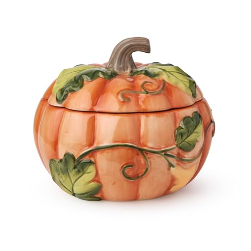 Harvest Fields 3D Pumpkin Soup Bowls with Lids, Set of 2, Ceramic Covered Bowls for Fall Thanksgiving Decor, Autumn Tabletop Serveware, Holiday Kitchen Gift, Microwave Dishwasher Safe
