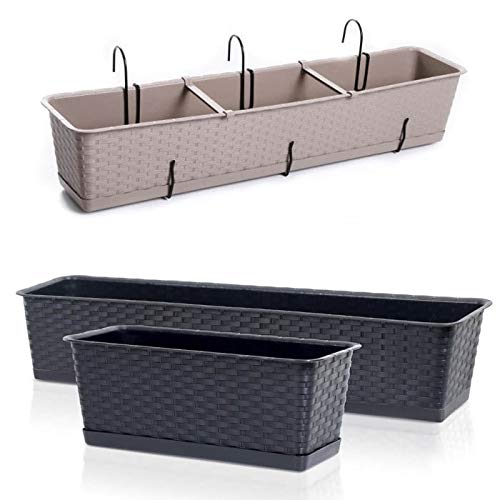 Blumenkasten Balkonkasten Blumentopf Rattan Optik Case P mit Aufhängung Untersetzer Geländerkasten 4 Größen (600 Mocca)