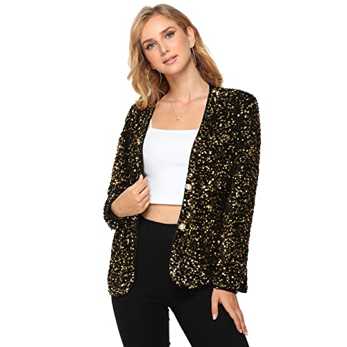 Yutuwomsfushi Women's Open Front Sequin Jacket Casual Long Sleeve Cardigan V-Neck Coat Velvet Loose Outerwear Button Blazer Club Party Gold X-Large #TOP1