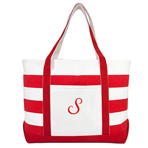 Dalix Beach Tote Bag Shoulder Bags Striped Monogrammed Red Ballent Letter S #TOP1