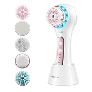 Facial Cleansing Brush,Red & Blue LED Light Skin Care Device,Rechargeable IPX7 Waterproof with 5 Brush Heads,Face Brush Use for Exfoliating, Anti-Aging and Makeup Blending