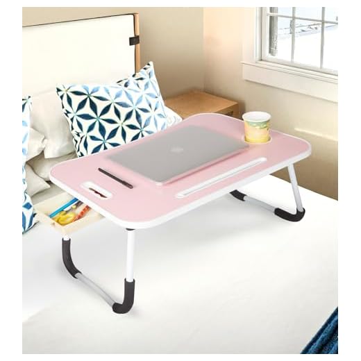 GoRogue Foldable Wooden Mini Laptop Table for Bed, Study Table with Drawer, Tablet/Mobile Holder for Kids & Adults (Baby Pink)