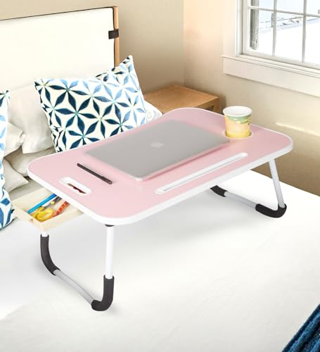 Image of GoRogue Foldable Wooden Mini Laptop Table for Bed, Study Table with Drawer, Tablet /Mobile Holder for Kids & Adults (Baby Pink)