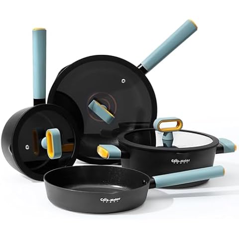 Leetaltree Nonstick Pots and Pans - 8 PC Glacier Blue Cookware Set with Lids, Cooking set with Silicone Spill-proof Lid Edge, Patented Precision Oil Control, Dishwasher Safe Cover