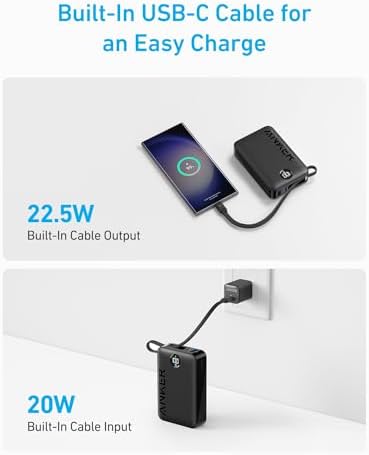 Anker Powerbank, moc 22,5 W, zewnętrzny akumulator z wbudowanym kablem USB-C, 1 x USB-C, 1 x USB-A, powerbank 20 000 mAh, do iPhone serii 15/14, MacBook, Galaxy, iPad, AirPods i wielu innych (czarny)