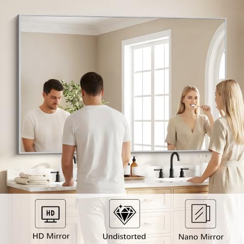 Image of DESBING 60 inch x 40 inch Bathroom Mirror, Silver Metal Frame Wall Mirror | HD Image,Shatterproof Decorative Rectangular Vanity Mirror for Bedroom Bathroom Living Room Entryway Horizontal or Vertical
