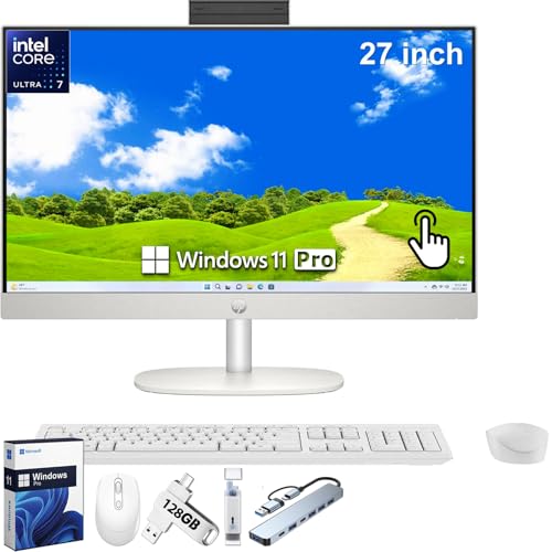 Image of HP 27 inch All-in-One Touchscreen Desktop Computer, Intel 12-core Ultra 7 155U, 64 GB DDR5 RAM, 1 TB SSD, Wireless KB & Mouse, Adjustable Height, HD Webcam, Windows 11 Pro