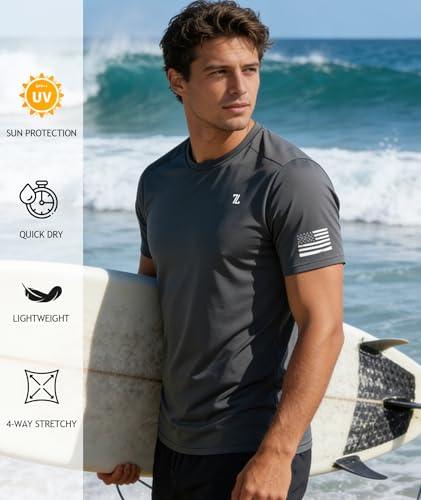 Men Rash Guard Shirts UV UPF 50+ Sun Protection Swim Shirt Short Sleeve Workout T-Shirts Lightweight Moisture Wicking Running Athletic Tee Dark Grey — view 3