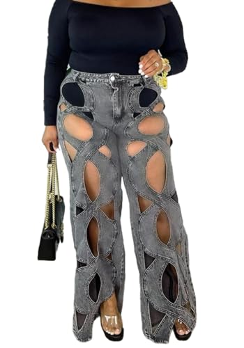 Vaceky Hollow Out Jeans Women Y2K Trendy High Waist Straight Leg Stretchy Summer Denim Pant2