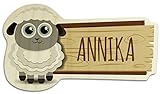 printplanet Türschild aus Holz mit Namen Annika - Motiv Schaf - Namensschild, Holzschild, Kinderzimmer-Schild