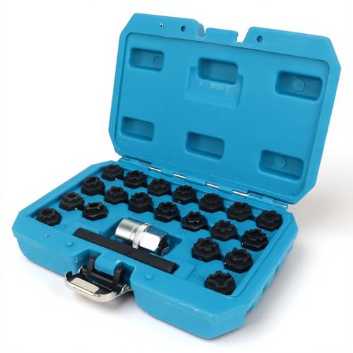 Image of 22pcs Wheel Lock Removal Tool Kit, 20 Different Sockets for Locking Lug Nuts, 1 /2 Inch 85mm Socket Adapter, Chrome Molybdenum Steel Construction, Universal Automotive Lock Nut Remover Set