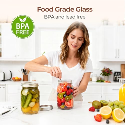 Image of ComSaf Wide Mouth Mason Jars 32 oz with Lids 2 Pcs, Quart Mason Jars with Seal Band, Large Glass Jars, Large Canning Containers for Pickles, Jams, Sauces, Salsa, Sourdough, Salad, Suntea, Food Storage
