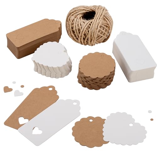 Etiquetas de Papel Kraft Etiquetas Regalo Tarjetas 200 Piezas y 30 Metros de Cuerda de Yute para Tienda, Bodas, Cumpleaños y Navidad Decorativas de Regalo
