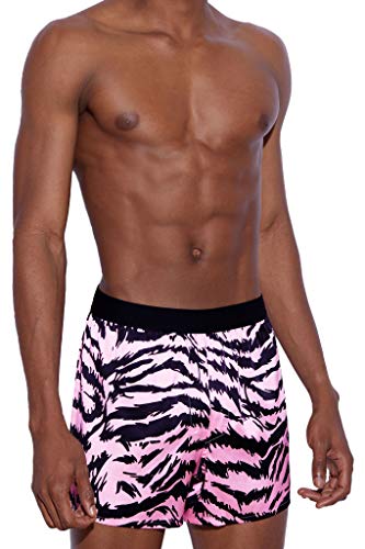 Men's Silk Boxer Shorts - Pure Mulberry Silk Underwear, Luxury Sleepwear, Pajamas Lounge Shorts - Improved Waistband (pink Tiger stripe M)