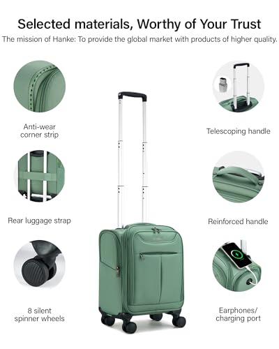 Image of Hanke 45CM Small Soft Shell Cabin Trolley Bags, 8 Silent Spinner Wheels,Charging Port, 8 Storage Compartments, Lightweight Compact Carry-On Luggage for Short Trips & Overnight Use,Forest Green
