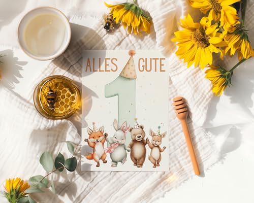 WBdesignz Geburtstagskarte 1. Geburtstag - Pastellgrüne & bunte Tier-Motivkarte - Niedliche „Alles Gute - 1“ Karte für Jungen & Mädchen - Inkl. Umschlag - Geburtstag (DIN A6)