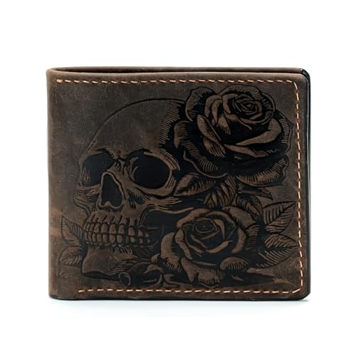 Leather skull wallet, bifold handmade skull art wallet, leather gift ideas for him, ID card minimalist wallet
