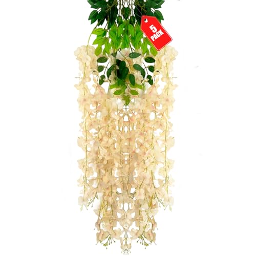 ZEBMOON 5 Pack Champagne Wisteria Hanging Flowers, 3.44 Ft Fake Hanging Flowers, Artificial Wisteria Garland Vines for Wedding Room Backdrop Outdoor Patio Garden Decoration