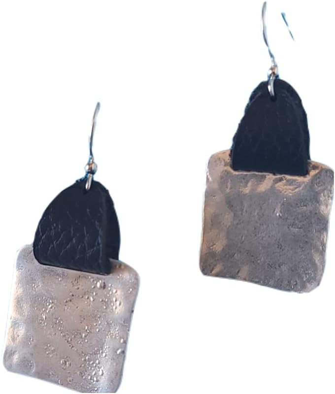 Black Leather Silver Square Earrings