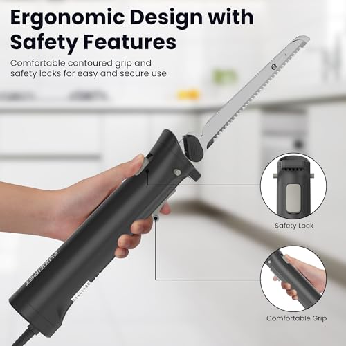 Fuzzipet Electric Knife for Meat Slicing, Electric Bread Knife with 4 Stainless Steel Blades, Electric Cutting Knife for Meats, Poultry, Bread, Cheese & More (Black)