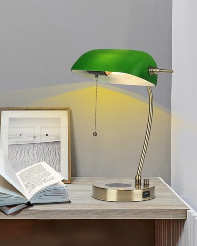 Newrays Lámpara de escritorio de cristal verde con cargador inalámbrico, puerto de carga USB para oficina en casa, lámpara de mesa regulable continua, bombilla LED incluida - imagen 2