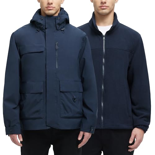 YGREYG Men's 3 in 1 Waterproof Winter Jackets Ski Warm Snow Rain Coat Puffer Liner Hood Windbreaker Navy Blue L