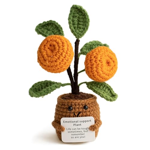 DOLLGIFT Handmade Emotional Support Crochet Orange Tree with Inspirational Card Positive Plant for Women Men Friend Family Birthday Funny Knitted Plant Toy for Motivational Office Desk Decor