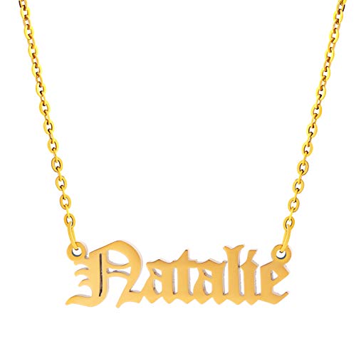 JoycuFF Natalie Cute Old English Necklace Personalized Dainty Name Necklaces for Women Teen Girls Daughter Best Friend Sister Wife Bridesmaid Girlfriend