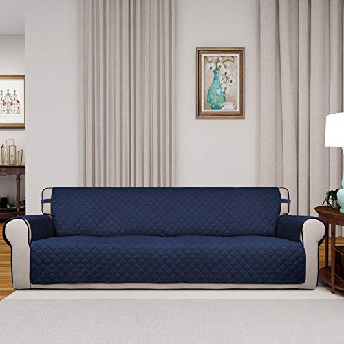Image of PureFit Reversible Quilted Sofa Cover, Water Resistant Slipcover Furniture Protector, Washable Couch Cover with Non Slip and Elastic Straps for Kids, Dogs, Pets (XX Large, Navy /Ivory)