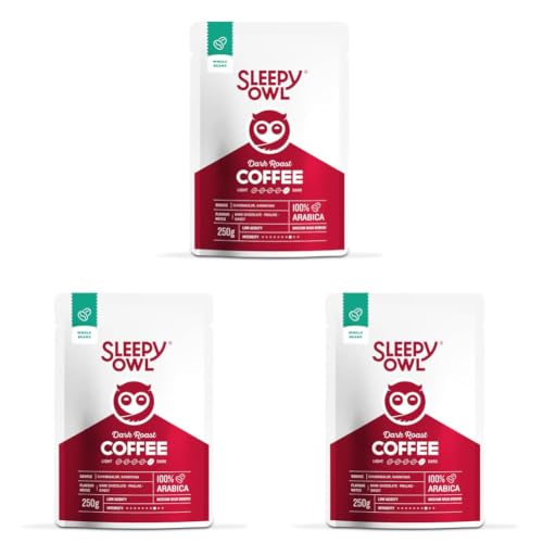 Image of Sleepy Owl Dark Roast Whole Coffee Beans | 250g Pack | 100% Arabica | Freshly Roasted While Beans (Pack of 3)