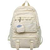 YJMKOI Aesthetic Backpack for Girls and Boys, Simple Backpack for School Large Capacity Bookbag Kids Backpack with Coin Purse (Beige)