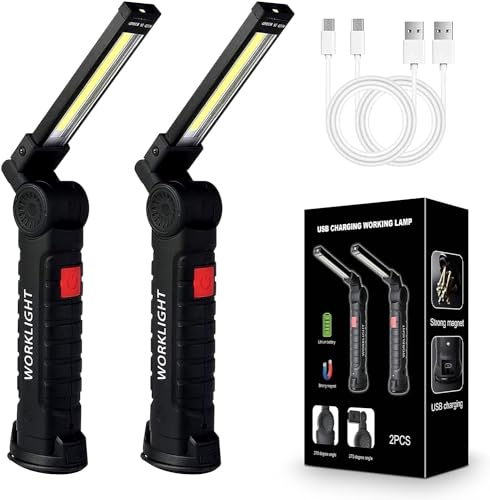 UHURU LED Work Lights 2 Pack Torch - Rechargeable, Magnetic Base, 360° Rotatable, 5 Modes & Hook. 2X Portable Reading Flashlights for BBQ, Camping Lantern, Workshop, Inspection, Home & Emergency Use.
