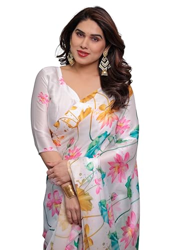 Image of ALMAARI FASHION Women's Floral Printed Georgette Satin Saree with Unstitched Blouse Piece | Traditional Ethnic Wear Sarees | Soft Lightweight Ethnic Office Wear Daily Wear Indian Sari (SG 101-110 SH)