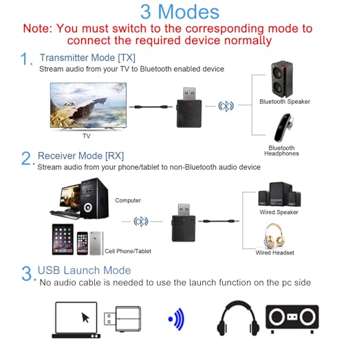 EasyULT Adaptador Bluetooth USB 5.0, Transmisor Receptor Bluetooth 3-en-1 con Audio Inalámbrico 3.5MM Cable, para PC/TV/Auriculares/Altavoces/Radio(Negro) - imagen 2