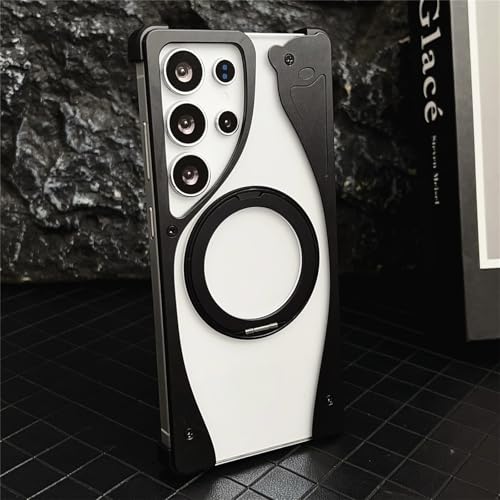 Frameless Case for Samsung Galaxy S25 Ultra, Aluminum Alloy Bumper Metal-Joined Non-Yellowing Clear PC Back Sleek Minimalist Drop Protection Shockproof Cool Cover, Kickstand-Black