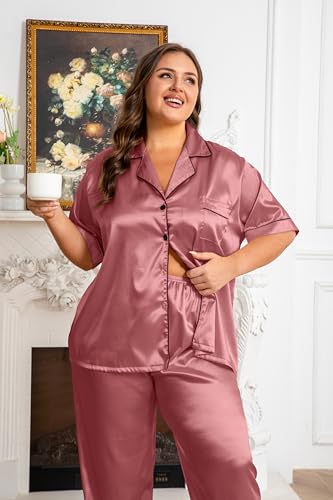 Image of Vozanet Women's Button Down Satin Pajama Sets Silky Short Sleeve Top & Pants Plus Size Loungewear Classic Sleepwear XL to 5XL