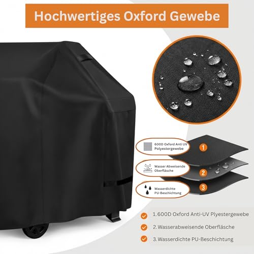 TaSi Grillabdeckung Wetterfest 600D Oxford Gasgrill Abdeckung 132x65x110 cm Wasserdicht UV-Schutz Abdeckhaube für Weber Spirit E-310 E-320, Enders Chicago Boston, Napoleon Rogue 425 Griffe & Kordelzug