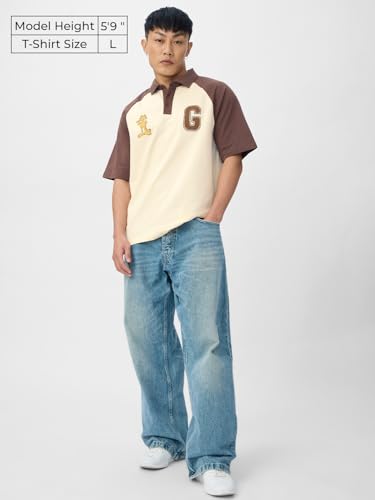 Image of The Souled Store Colourblock Polo: Garfield Men and Boys Short Sleeves Collared Neck Beige and Brown Embroidered Cotton Oversized Polos
