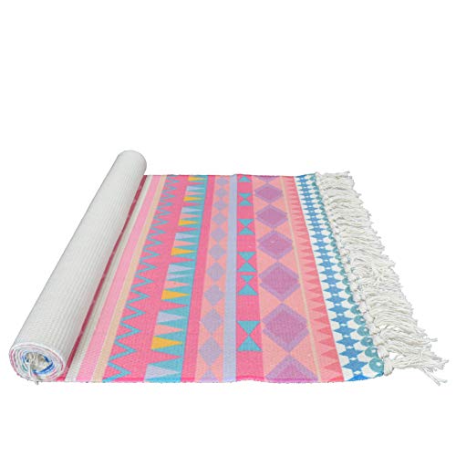 Lacomfy 2Pc Cotton Area Rug Sets Pink Boho Printed Tassels Door Mat 2'X3'+2'X4.3' Hand Woven Outdoor Runner Rugs Washable Braided Rug For Kitchen Entryway Bathroom Laundry Room #TOP7