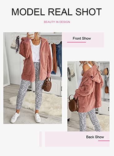 Dokotoo Womens Cozy Ladies Fashion Oversized Fuzzy Fluffy Fleece Winter Fall Open Front Long Sleeve Fleece Hoodies Cardigan Sweater Jackets Coat Outerwear Pink X-Large #TOP2