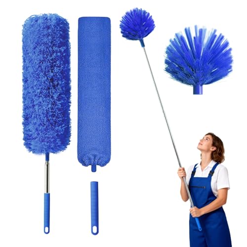 Cobweb Duster with Extension Pole Washable Cleaning Duster Kit with 3 Duster Heads Cobweb Duster Corner Brush Gap Dust Cleaner Telescoping Pole for Ceiling Fan Long Duster for high Ceilings