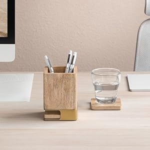 Anji Mountain Mango Wood Pen Holder with 2 Coasters, Stained Wood & Powder Coated Metal Pen Holder, Sustainable Room Decor Desk Organizer, Stylish Designer Pencil Case for Office Supplies