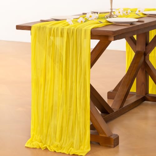 Image of Socomi 2pcs Yellow Spring Cheesecloth Table Runner Boho Rustic Gauze 120 inch 10FT Cheese Cloth Runner for Wedding Party Baby Shower Birthday Home Decor