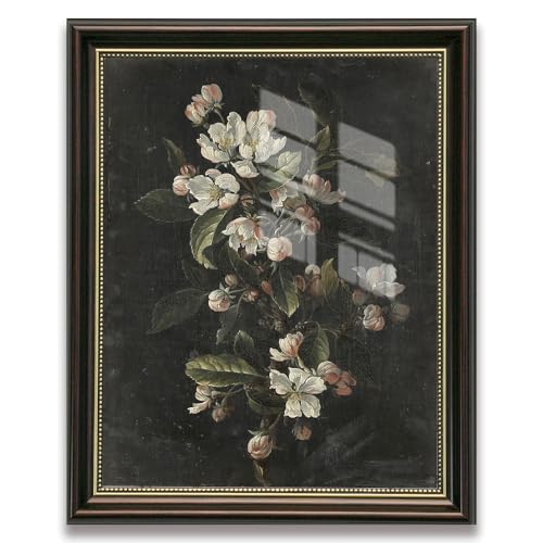 Brown Frame Vintage White Blossom Wall Art Print, Dark Moody